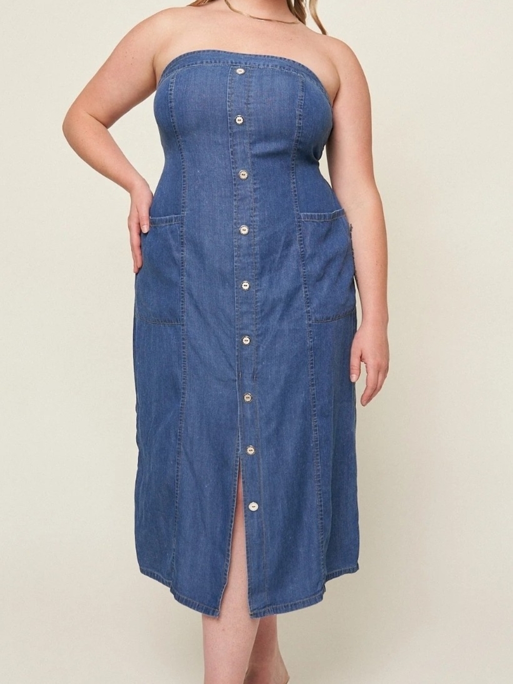 #60 Strapless Button-Front Denim Midi Dress - Blue SOFT stonewash DENIM